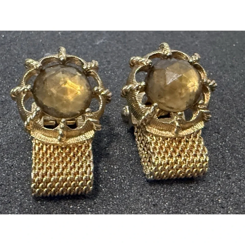 Vtg Gold Tone Mesh Wrap Cufflinks Golden Brown Cabochon Midcentury